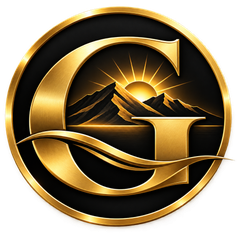 Golden Mirage gold G emblem with desert mountains and a rising sun